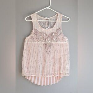 Free People Pink Beaded Lace Tank Top - Boho Chic Whimsy Sheer Fairycore Sz S